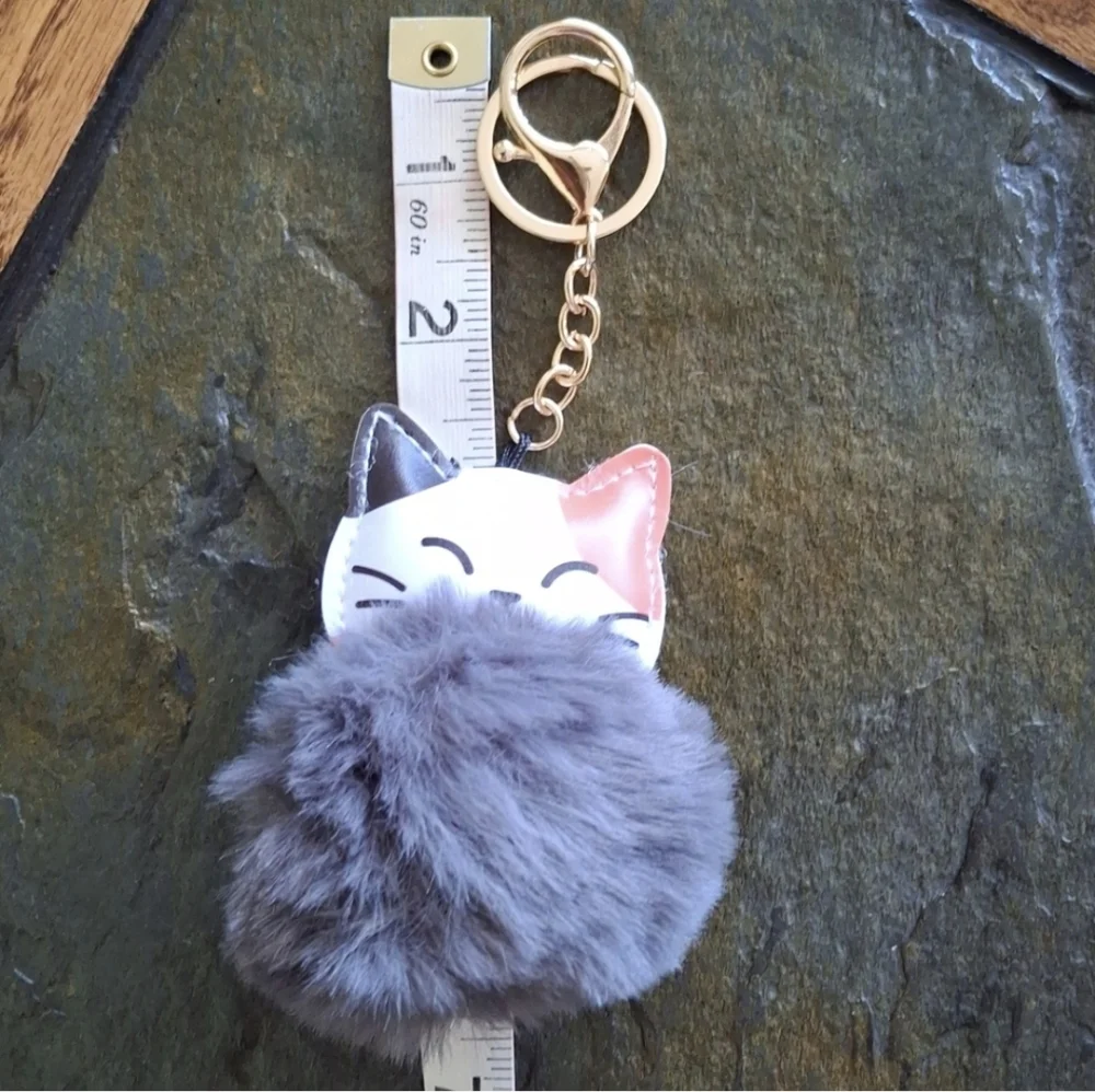 Cute Cat Keychain with Pink Pom Pom